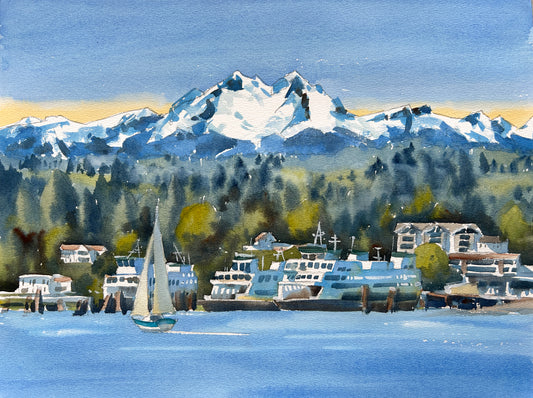 Ina Xi - Clear Morning in Winslow, Original Watercolor Painting, 19x15 (framed)