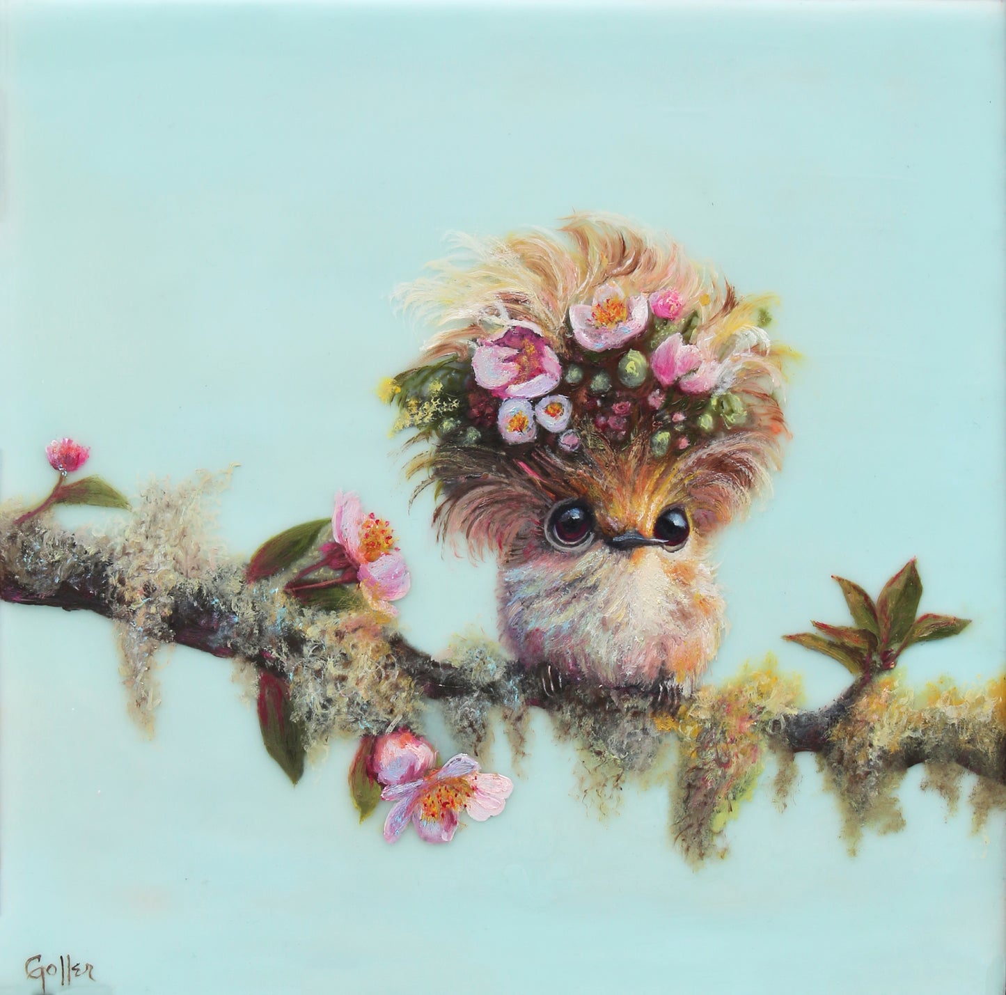 CARRIE GOLLER - CocoBelle (Floriferous "Bouffant" Collection), Mixed media oil/encaustic 8x8 (Hummingbird) ***At Jones & Terwilliger Galleries****