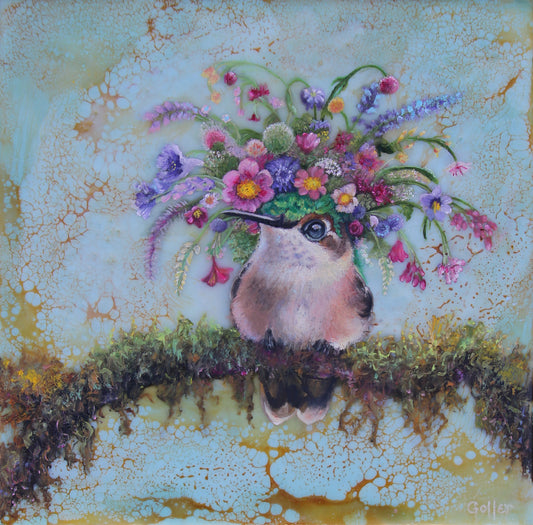 CARRIE GOLLER - Colette, Florfierous Hummingbird, Oil 8x8 (framed)
