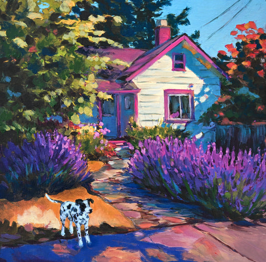 JANDI SMALL -  Colorful Cottage and Polka-Dot Pooch, Oil on canvas mounted to cradled birch panel, 16”w x 16”h x 1.5” d