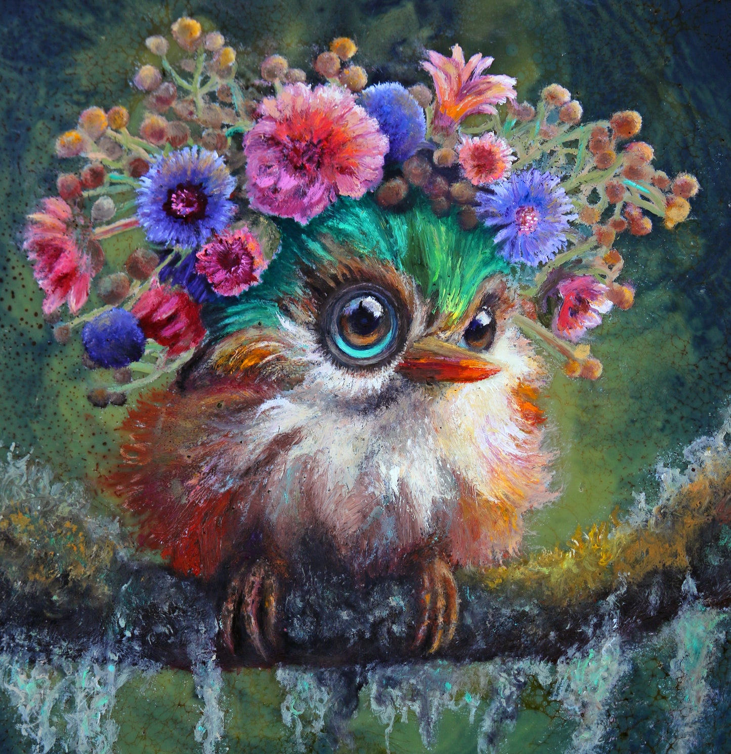 Prints available, original ***SOLD*** CARRIE GOLLER - Cupcake, Floriferous Cuban Tody Bird, Mixed Media - Oil/Encaustic 8x8 (framed) *** At Jones and Terwilliger Galleries, Carmel, CA please inquire at (831) 626-9100 ***