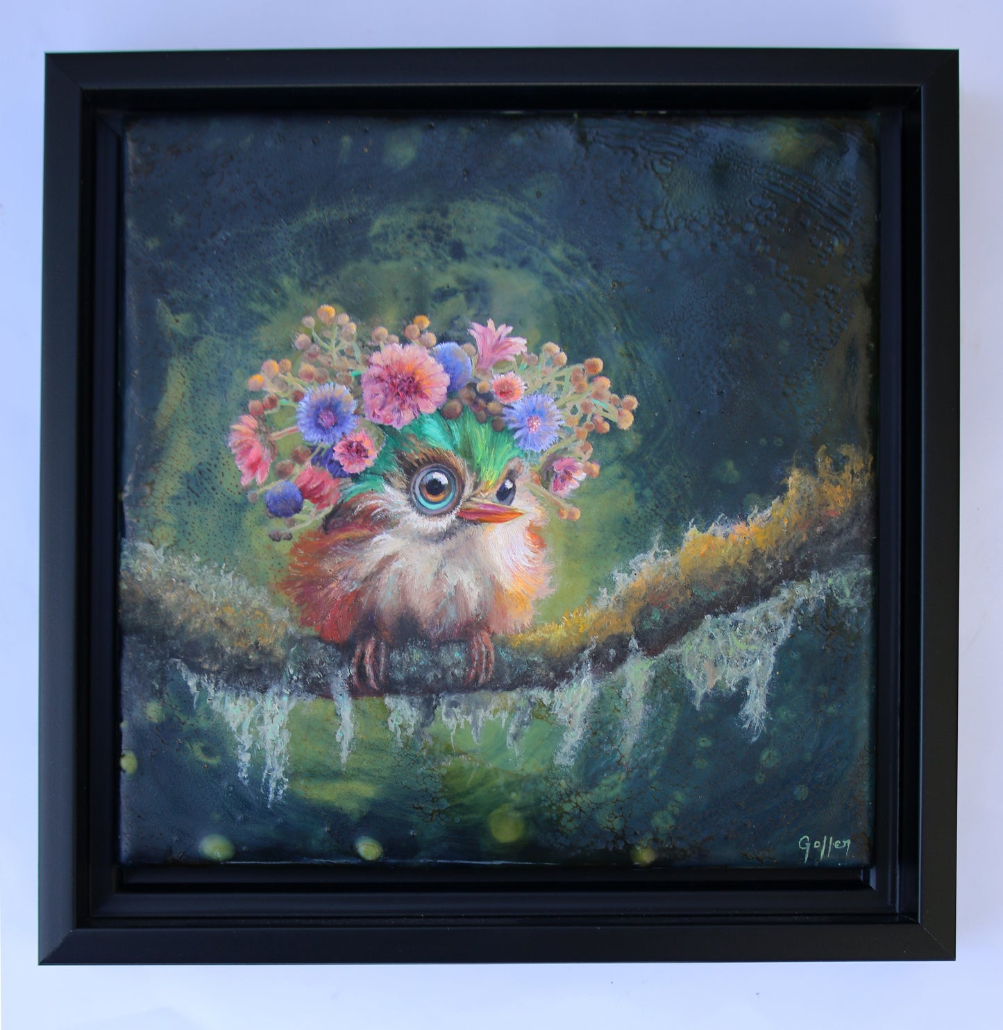 CARRIE GOLLER - Cupcake, Floriferous Cuban Tody Bird, Mixed Media - Oil/Encaustic 8x8 (framed)