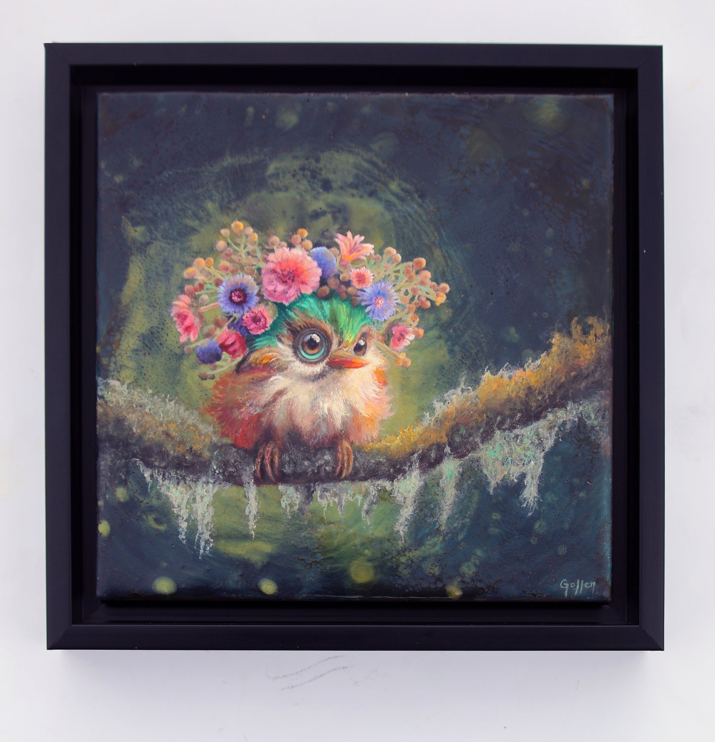 Prints available, original ***SOLD*** CARRIE GOLLER - Cupcake, Floriferous Cuban Tody Bird, Mixed Media - Oil/Encaustic 8x8 (framed) *** At Jones and Terwilliger Galleries, Carmel, CA please inquire at (831) 626-9100 ***