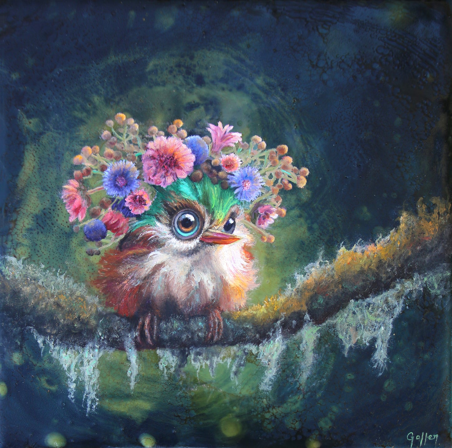 CARRIE GOLLER - Cupcake, Floriferous Cuban Tody Bird, Mixed Media - Oil/Encaustic 8x8 (framed)