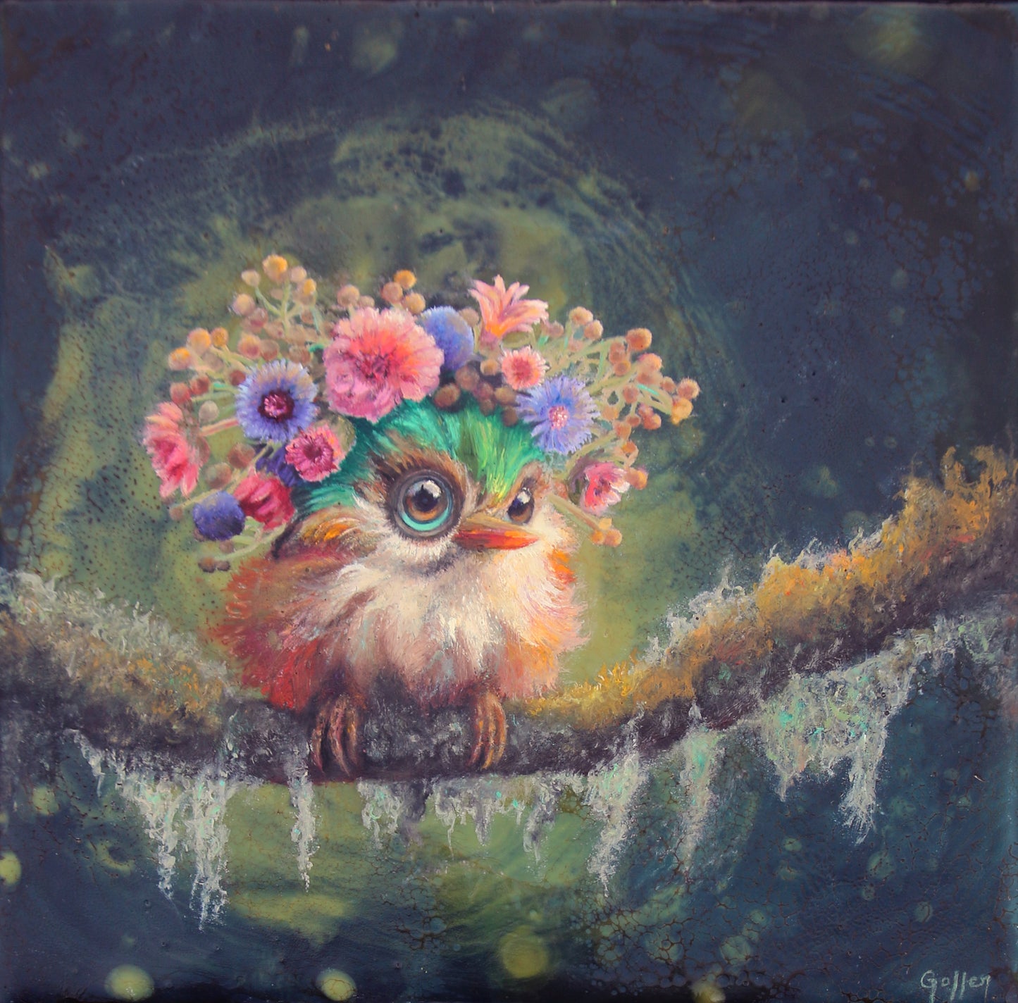 Prints available, original ***SOLD*** CARRIE GOLLER - Cupcake, Floriferous Cuban Tody Bird, Mixed Media - Oil/Encaustic 8x8 (framed) *** At Jones and Terwilliger Galleries, Carmel, CA please inquire at (831) 626-9100 ***