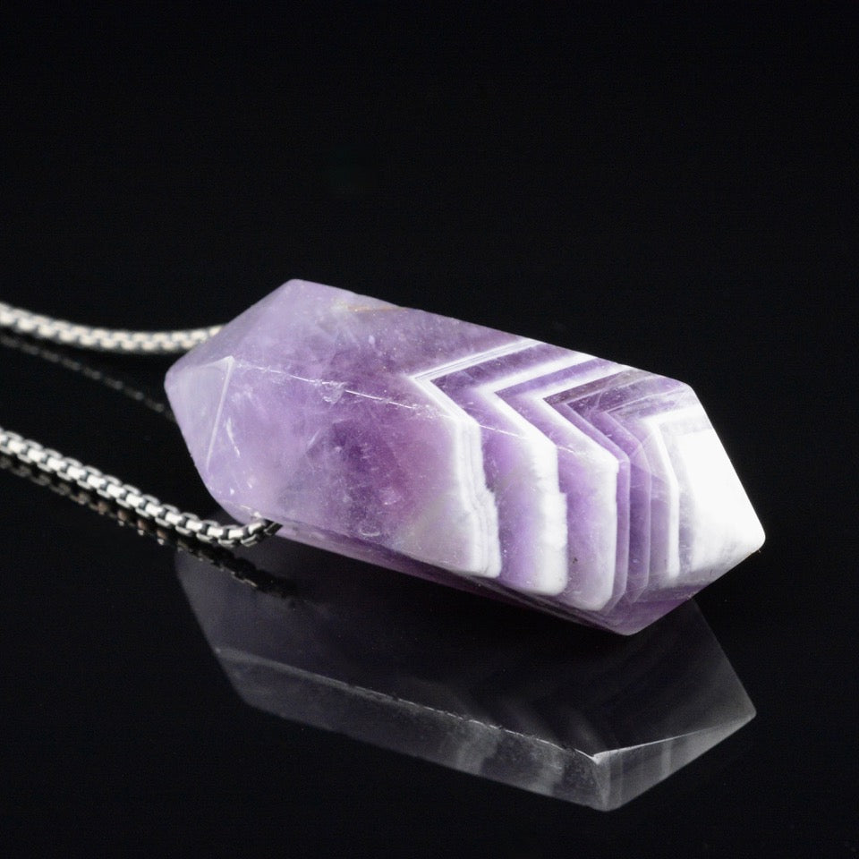 Jody Lyle -  Chevron Amethyst Crystal Pendant Bead on Oxidized Box Chain, #3883