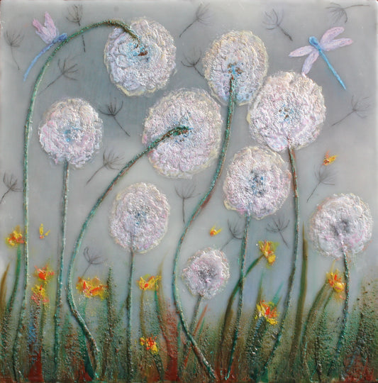 Prints available, original***SOLD***Dandelion Dance - Encaustic/Mixed Media 15x15