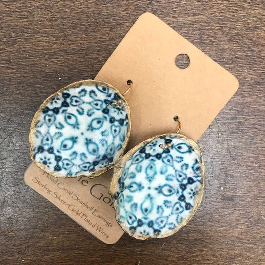 Hood Canal Seashell Earrings - Dark Blue Pattern- 18k Gold Trim - Carrie Goller