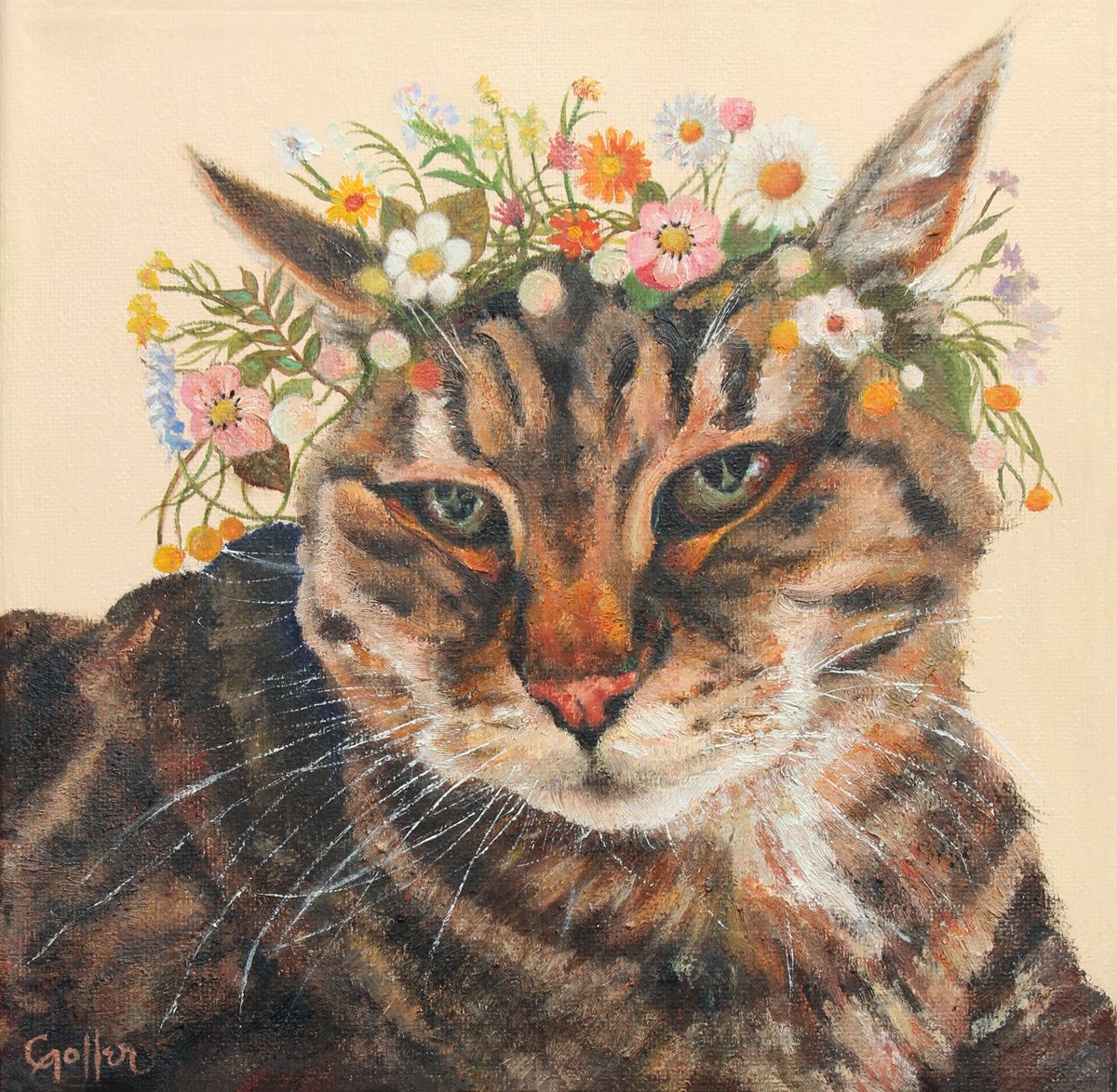 CARRIE GOLLER - Custom Cat Portrait (Floriferous Collection Cat), oil 8x8 (Custom Commission)