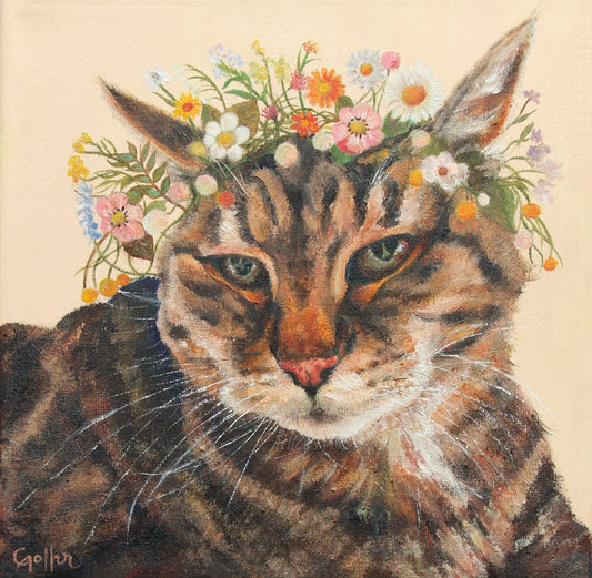 CARRIE GOLLER - Custom Cat Portrait (Floriferous Collection Cat), oil 8x8 (Custom Commission)