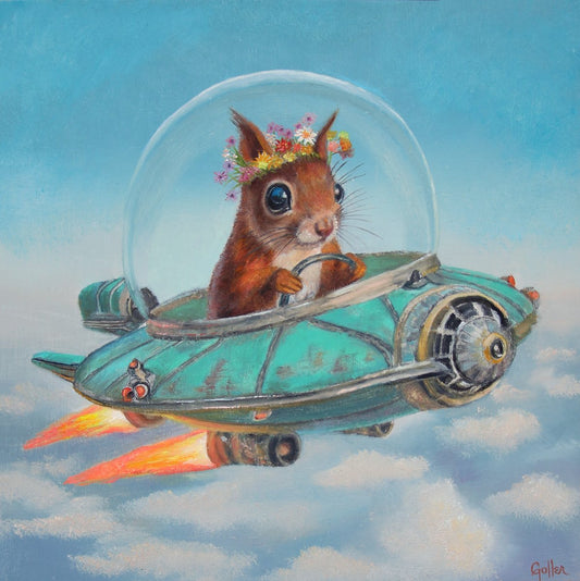 Prints available, original ***SOLD*** CARRIE GOLLER - Drifter, oil (Floriferous Collection) Flying Saucer Squirrel, Oil 8x8 (framed) ***At Rehs Contemporary Galleries, NYC***