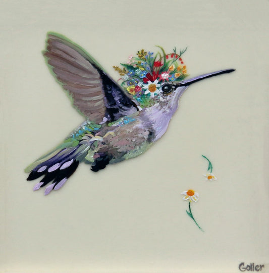 Prints available, original ***SOLD*** Carrie Goller - Dulcet, Floriferous Series hummingbird, Mixed Media - Oil/Encaustic 6.5x6.5 Framed ***At Jones & Terwilliger Galleries, Carmel, CA please inquire at (831) 626-9100***