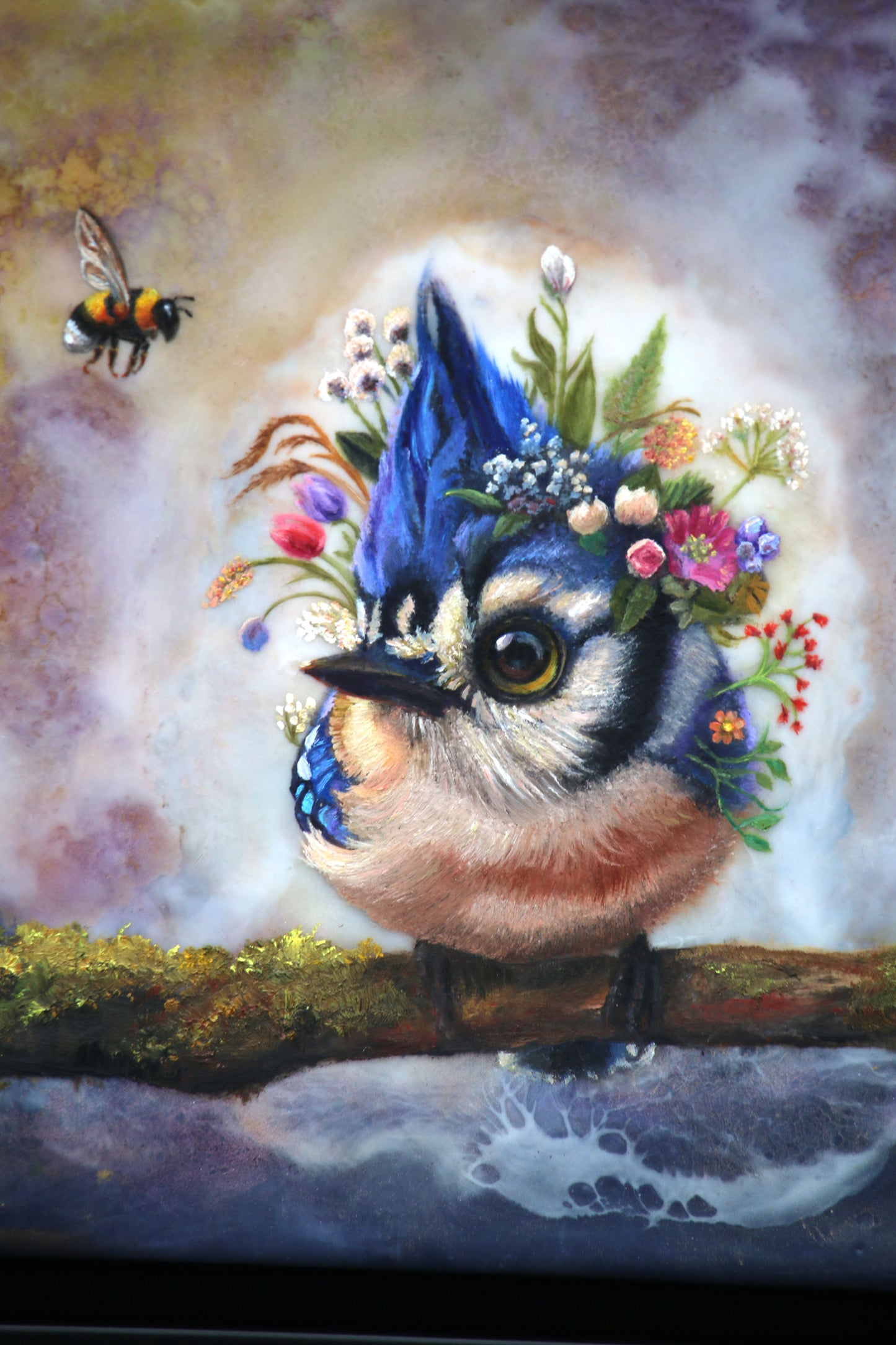 CARRIE GOLLER -  Dumpling - Floriferous Collection, Mixed media oil/encaustic 8x8 (Bird)  ***At Rehs Contemporary Galleries, NYC, please inquire at (212) 355-5710***