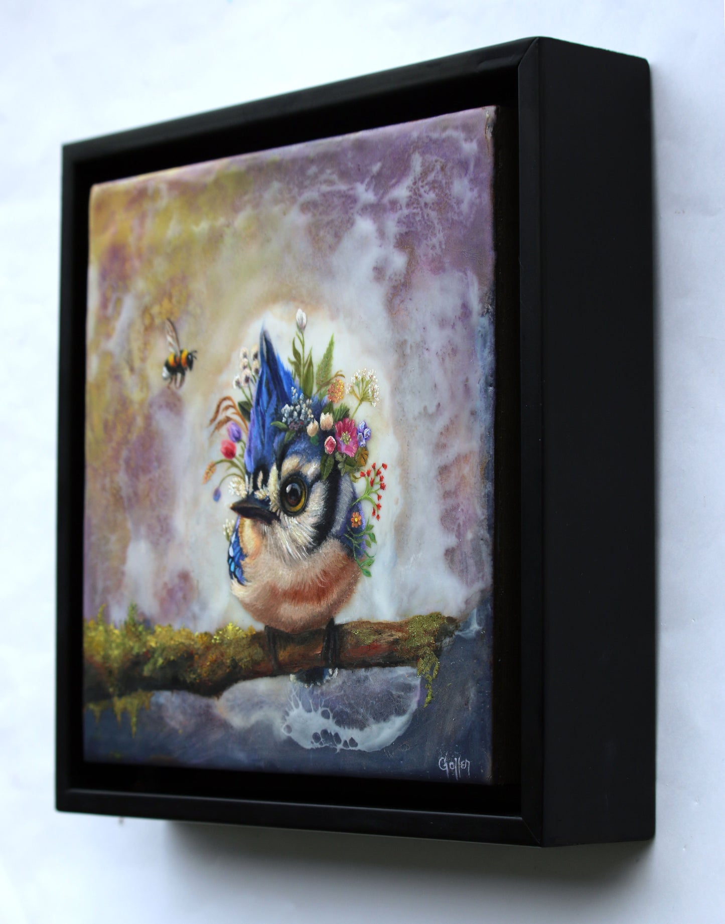 CARRIE GOLLER -  Dumpling - Floriferous Collection, Mixed media oil/encaustic 8x8 (Bird)  ***At Rehs Contemporary Galleries, NYC, please inquire at (212) 355-5710***