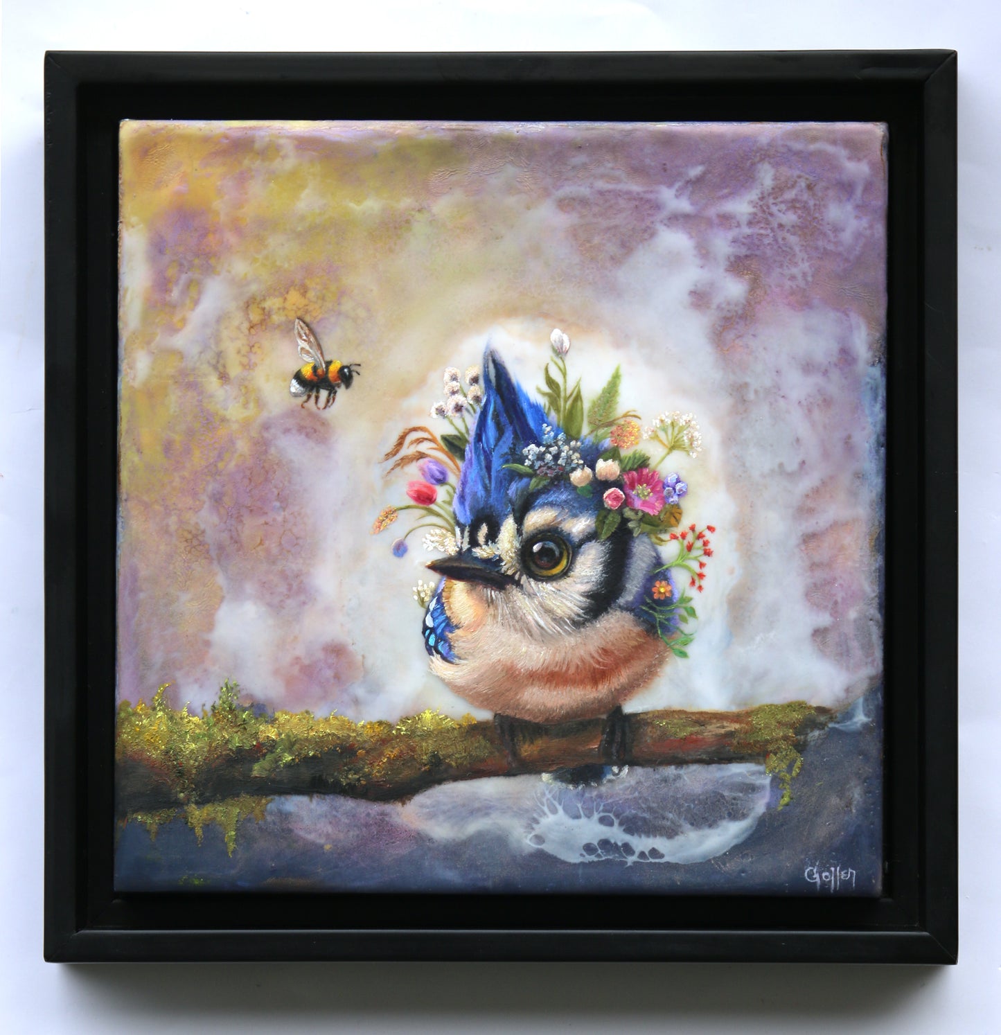 CARRIE GOLLER -  Dumpling - Floriferous Collection, Mixed media oil/encaustic 8x8 (Bird)  ***At Rehs Contemporary Galleries, NYC, please inquire at (212) 355-5710***