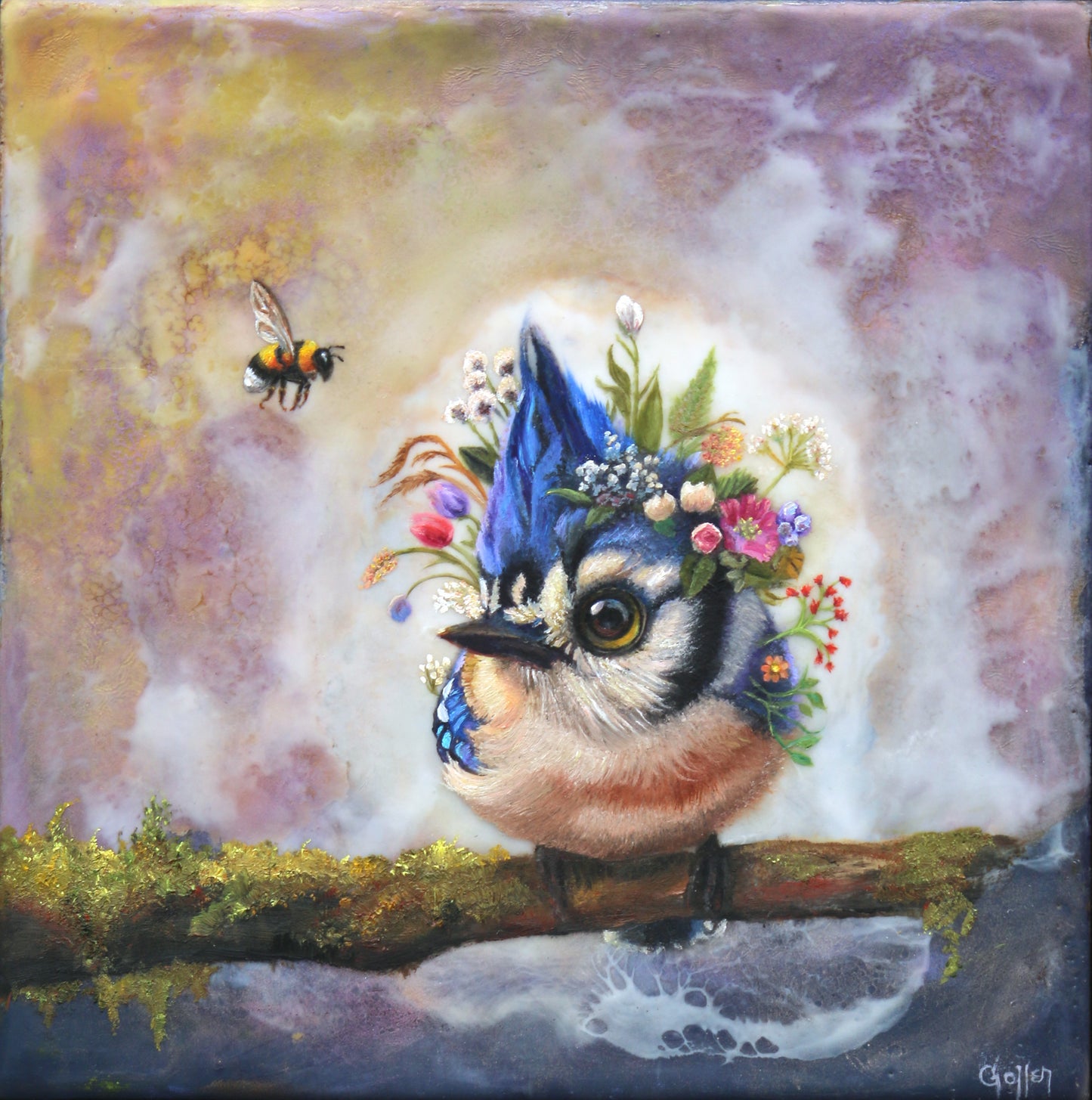 CARRIE GOLLER -  Dumpling - Floriferous Collection, Mixed media oil/encaustic 8x8 (Bird)  ***At Rehs Contemporary Galleries, NYC, please inquire at (212) 355-5710***