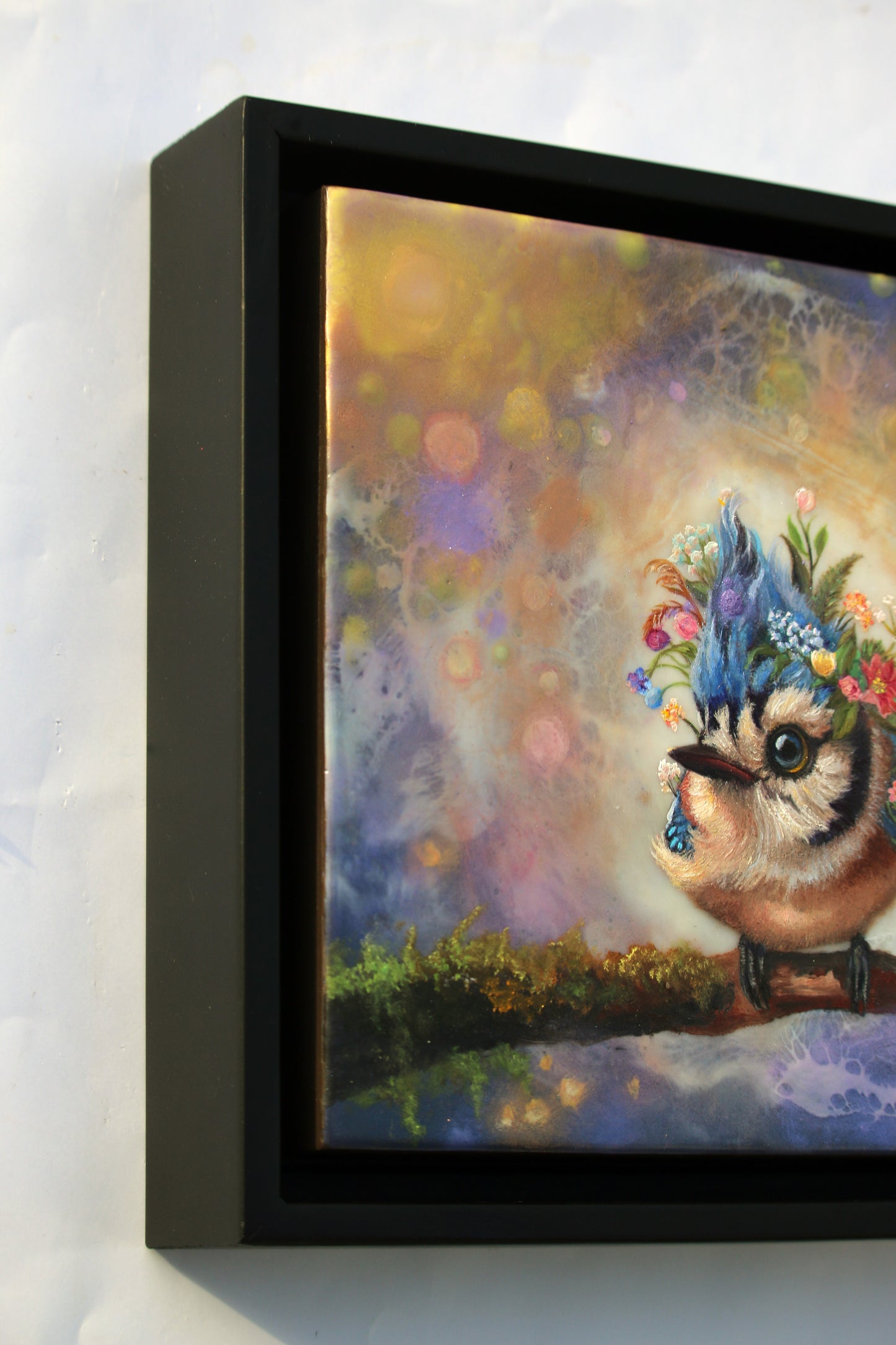 CARRIE GOLLER -  Dumpling - Floriferous Collection, Mixed media oil/encaustic 8x8 (Bird)