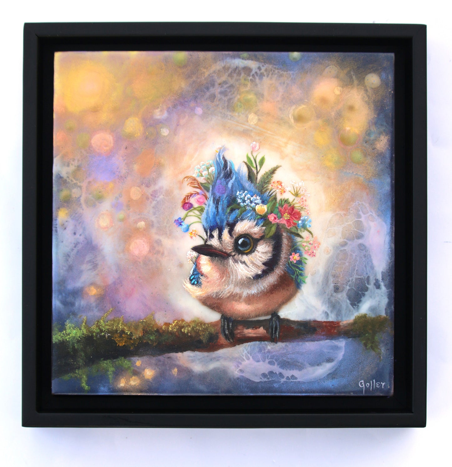 CARRIE GOLLER -  Dumpling - Floriferous Collection, Mixed media oil/encaustic 8x8 (Bird)