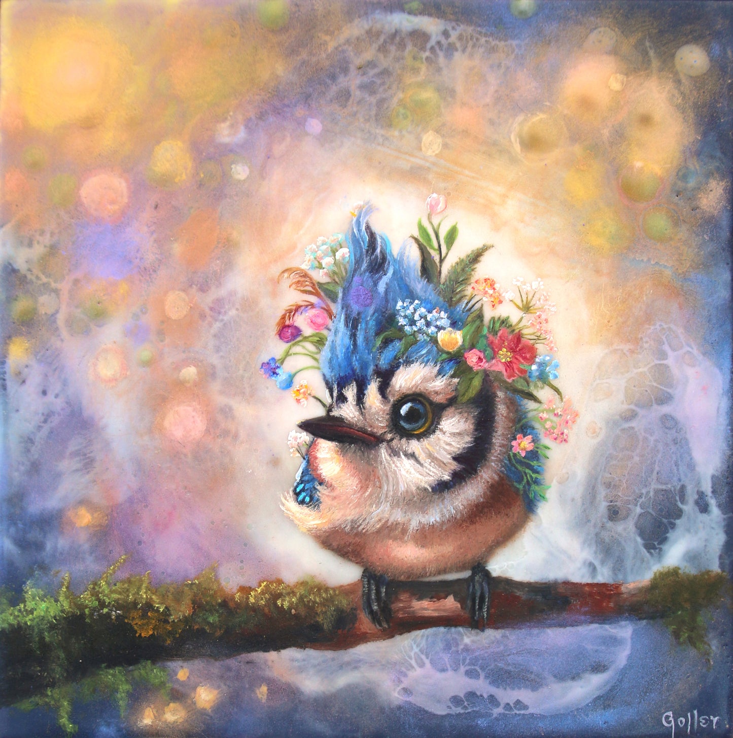 CARRIE GOLLER -  Dumpling - Floriferous Collection, Mixed media oil/encaustic 8x8 (Bird)