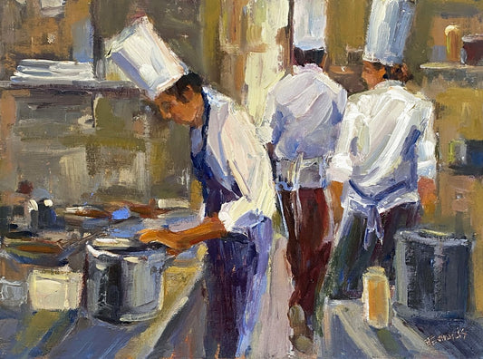 JEANNE EDWARDS - East Bay Kitchen, oil on panel (framed) 9x12