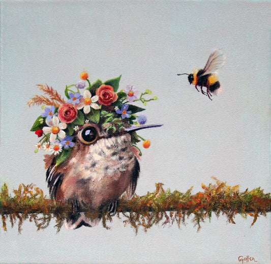 Prints available, original ***SOLD*** CARRIE GOLLER - Eden (Hummingbird, Floriferous Collection), Mixed Media - Oil/Encaustic 8x8 ***At Jones & Terwilliger Galleries, Carmel, CA***