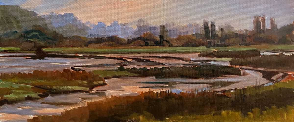 MAURY WEISS - Edmonds Marsh, Original Plein Air Oil on Panel,  5x12