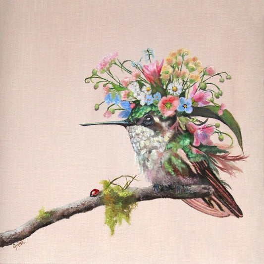 Prints available, original ***SOLD*** CARRIE GOLLER - Elenore (Hummingbird, Floriferous Collection), Mixed Media - Oil/Encaustic 8x8 ***At Jones & Terwilliger Galleries, Carmel, CA***