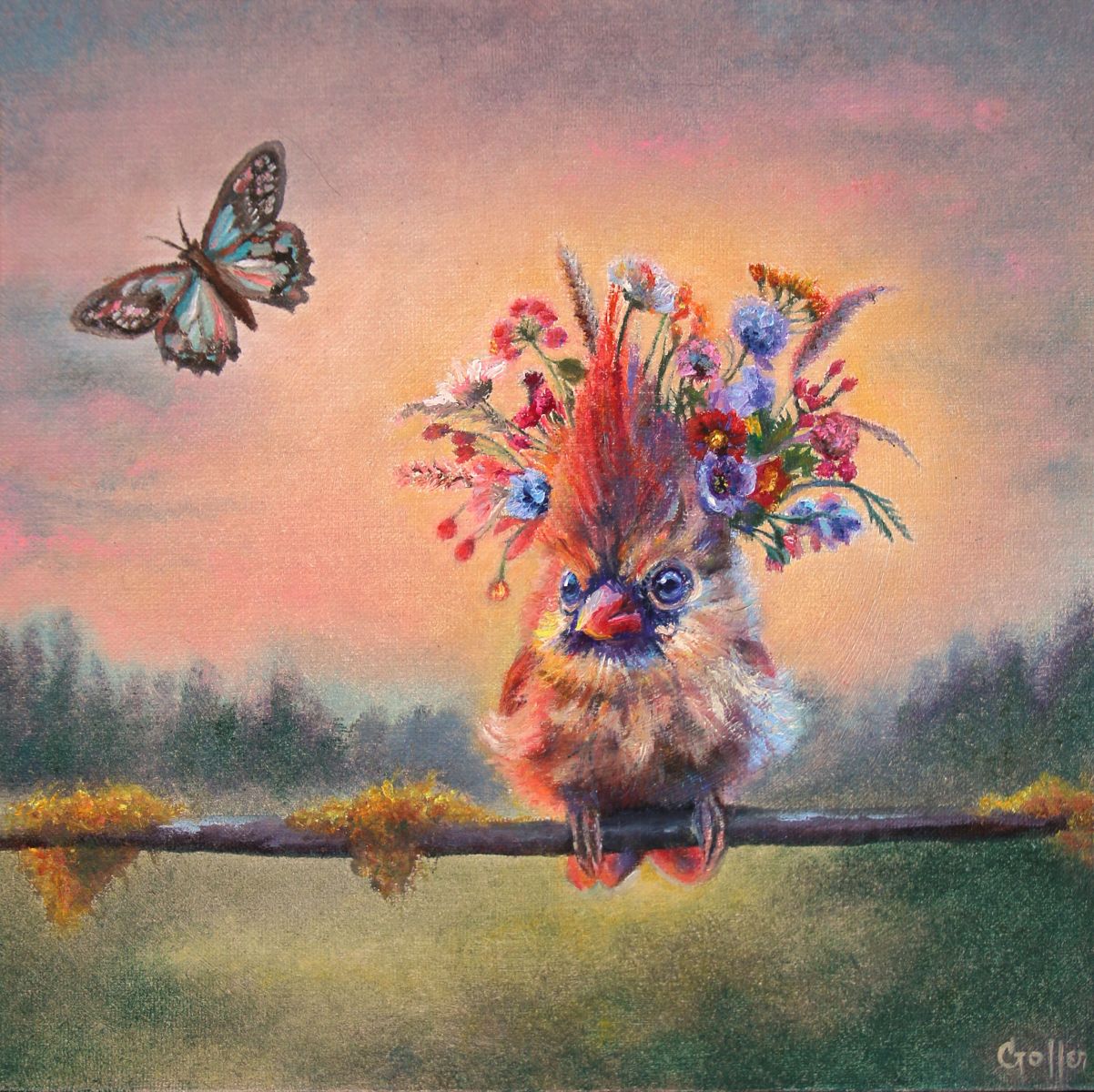 CARRIE GOLLER - Ellery, Floriferous collection (hummingbird), Oil, 8x8***At Jones &amp; Terwilliger Galleries, Palm Desert, CA please inquire at (760) 674-8989***