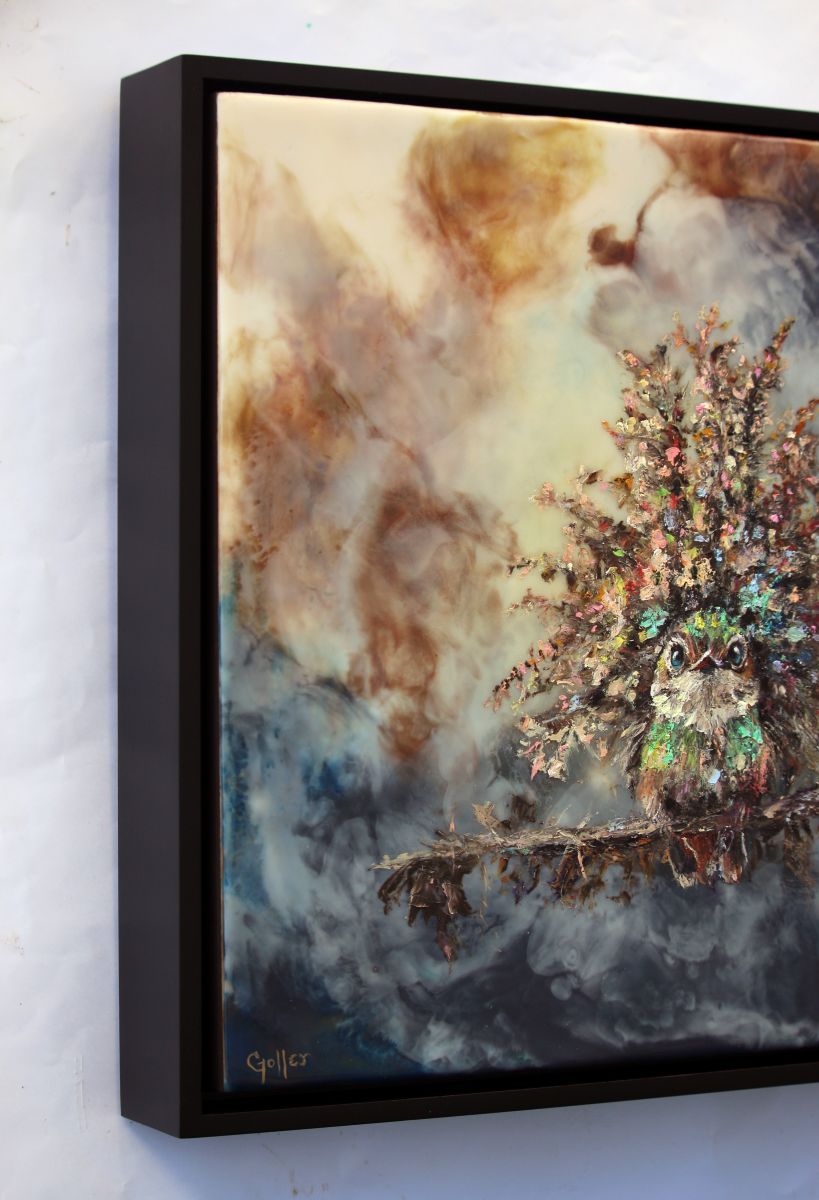 CARRIE GOLLER -  Elowen - Floriferous Collection Hummingbird, Mixed media oil/encaustic 12x12  ***At Rehs Contemporary Galleries, NYC, please inquire at (212) 355-5710***