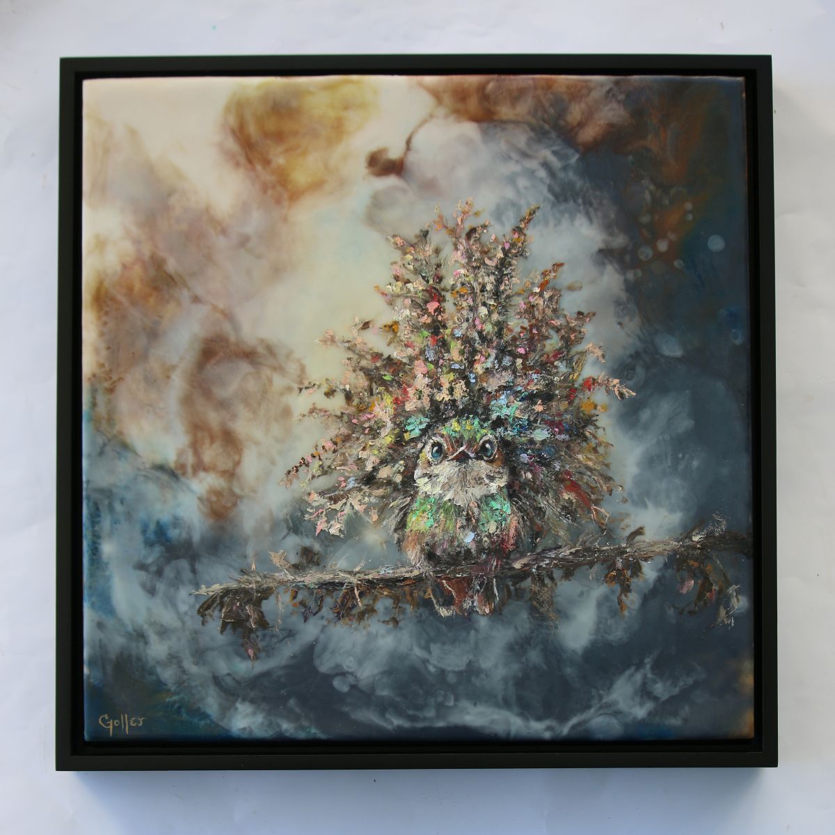 CARRIE GOLLER -  Elowen - Floriferous Collection Hummingbird, Mixed media oil/encaustic 12x12  ***At Rehs Contemporary Galleries, NYC, please inquire at (212) 355-5710***