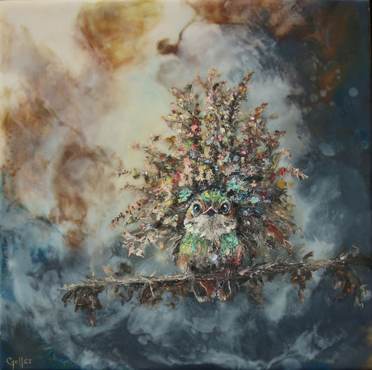 CARRIE GOLLER -  Elowen - Floriferous Collection Hummingbird, Mixed media oil/encaustic 12x12  ***At Rehs Contemporary Galleries, NYC, please inquire at (212) 355-5710***