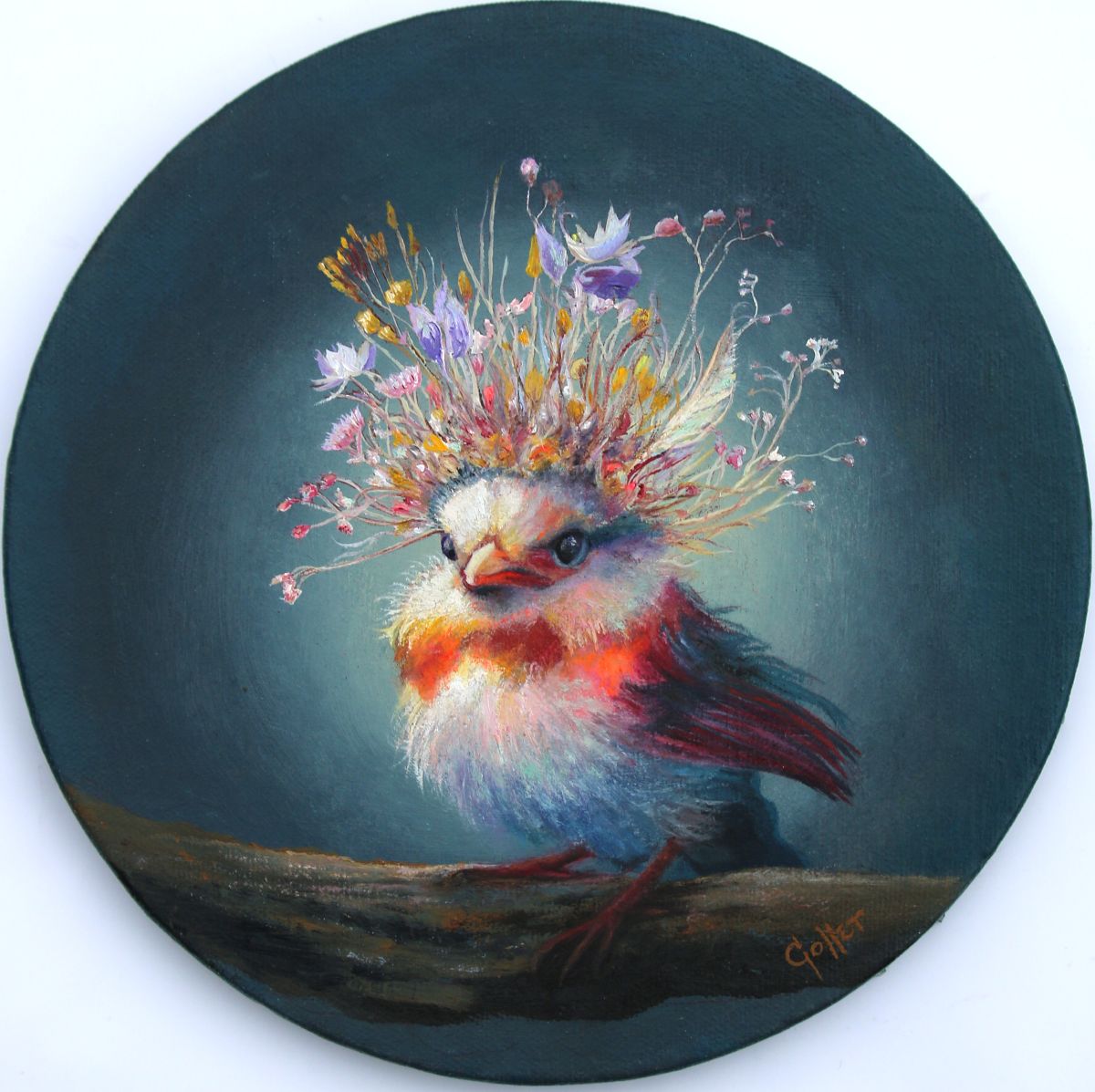 CARRIE GOLLER - Elvira (Floriferous Cardinal Bird), Original Oil, 8x8
