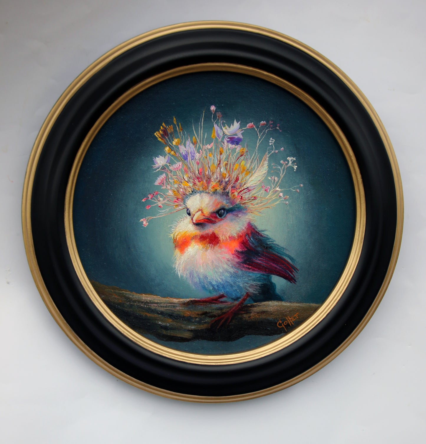 Prints available, original ***SOLD*** CARRIE GOLLER - Elvira (Floriferous Cardinal Bird), Original Oil, 8x8