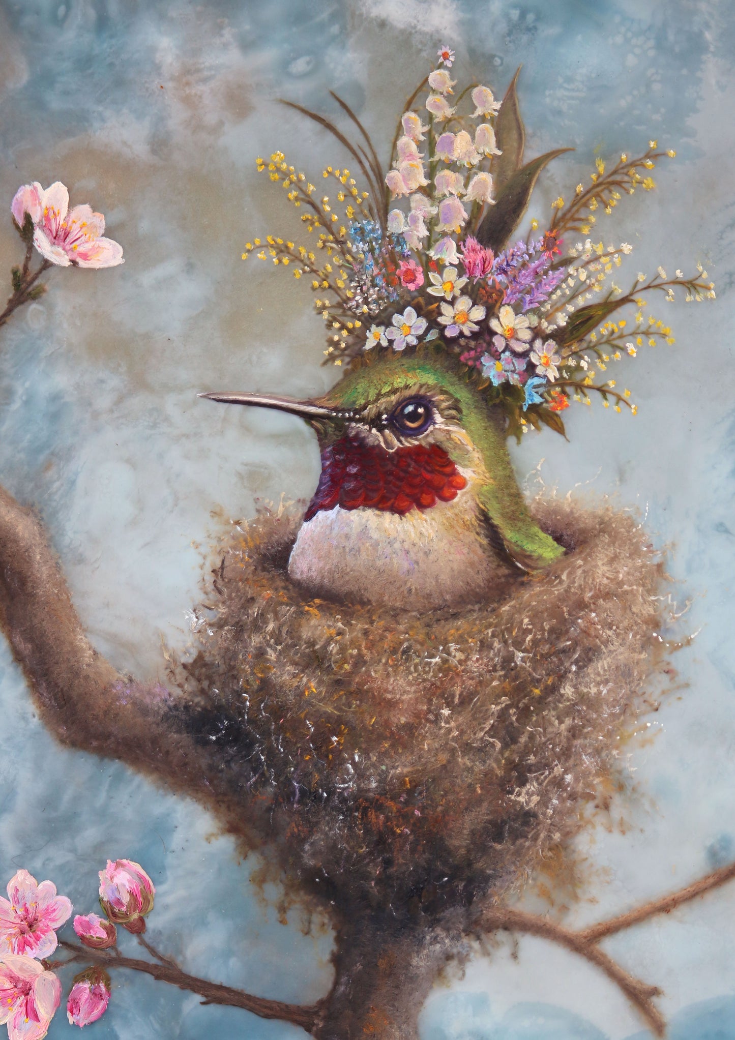 CARRIE GOLLER - Esme, Floriferous collection (hummingbird) 14 x 11, Mixed Media – Oil/Encaustic