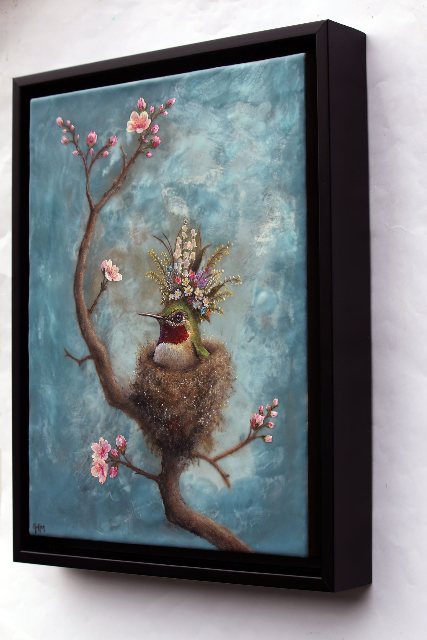 CARRIE GOLLER - Esme, Floriferous collection (hummingbird) 14 x 11, Mixed Media – Oil/Encaustic