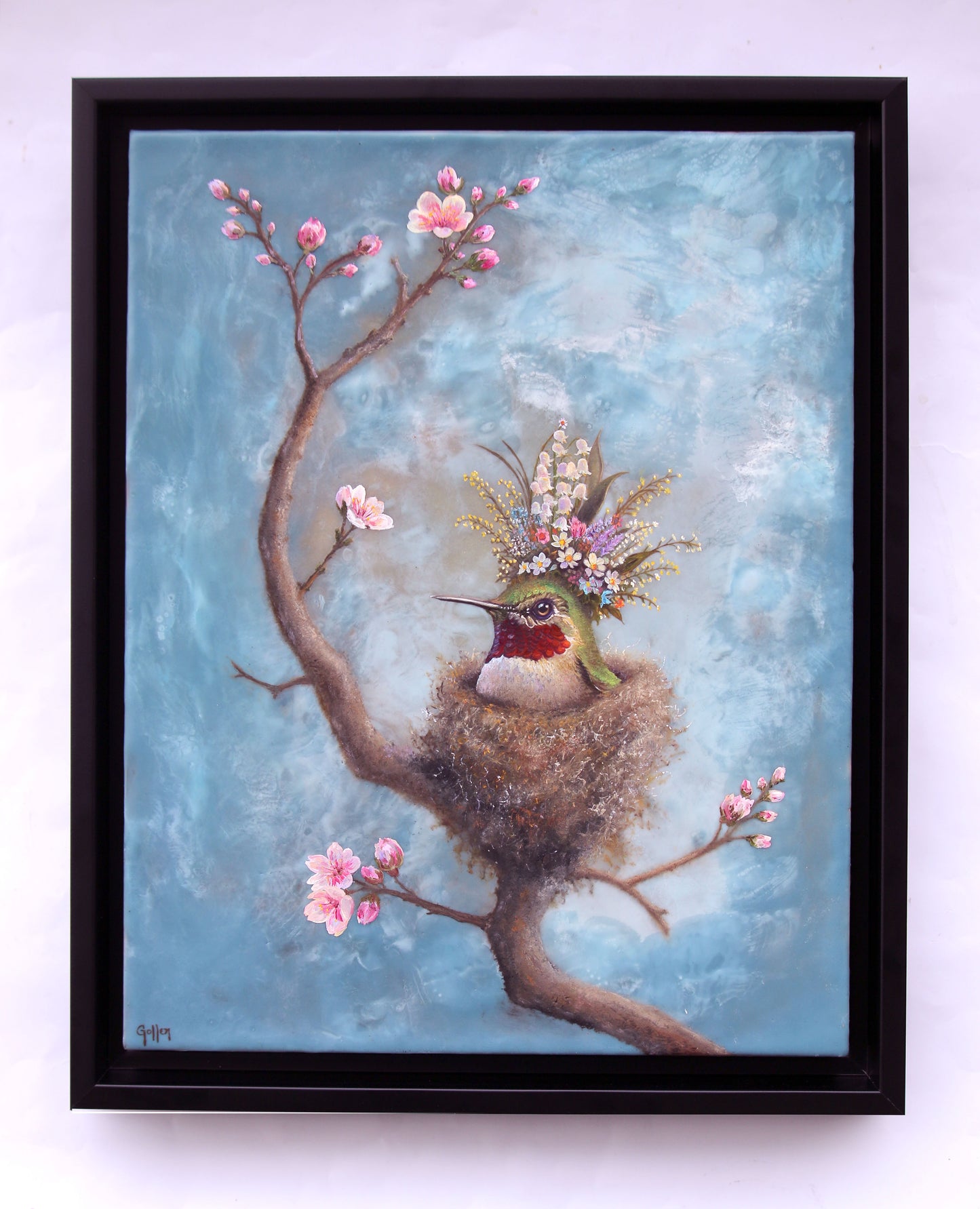 CARRIE GOLLER - Esme, Floriferous collection (hummingbird) 14 x 11, Mixed Media – Oil/Encaustic