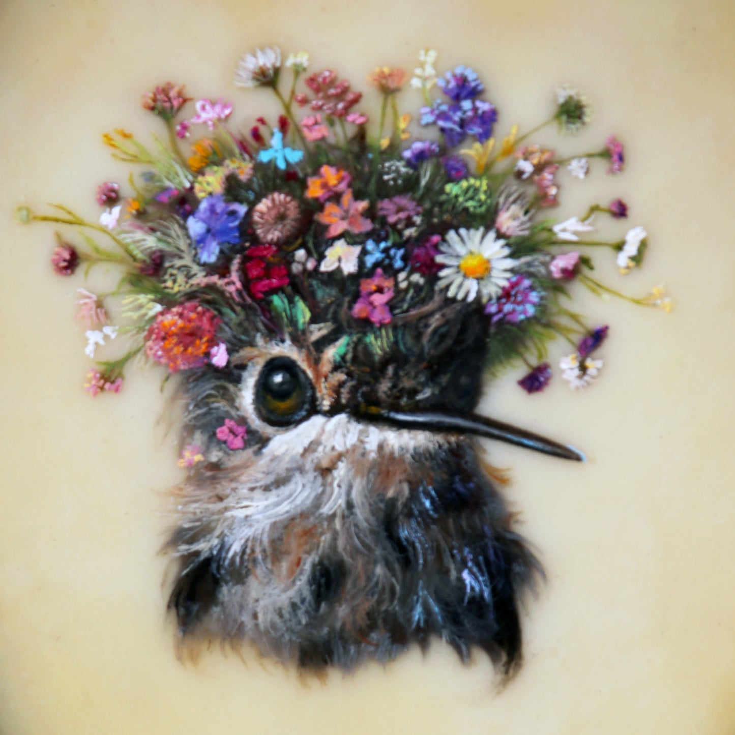 CARRIE GOLLER - Eunice (Floriferous Hummingbird Portrait), Mixed Media Oil/Encaustic 7x5 ***At Jones & Terwilliger Galleries, Carmel, CA please inquire at (831) 626-9100***