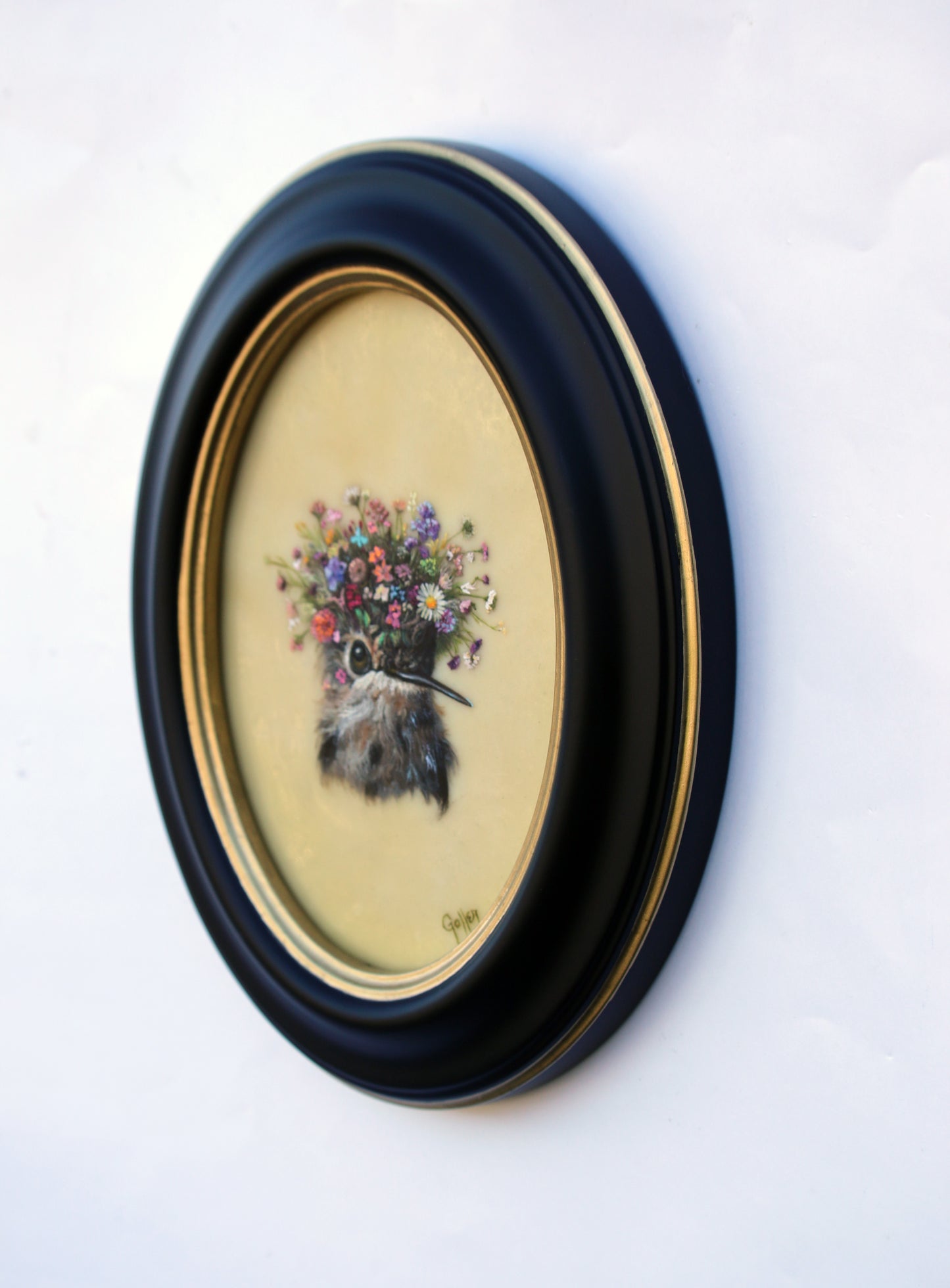 CARRIE GOLLER - Eunice (Floriferous Hummingbird Portrait), Mixed Media Oil/Encaustic 7x5 ***At Jones & Terwilliger Galleries, Carmel, CA please inquire at (831) 626-9100***