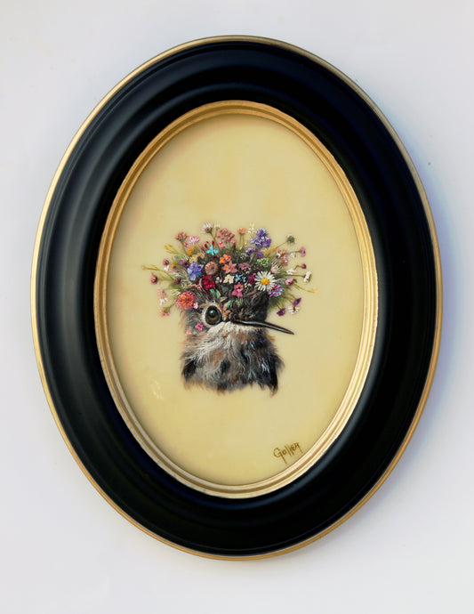 CARRIE GOLLER - Eunice (Floriferous Hummingbird Portrait), Mixed Media Oil/Encaustic 7x5 ***At Jones & Terwilliger Galleries, Carmel, CA please inquire at (831) 626-9100***