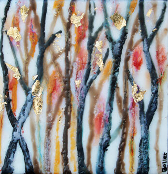 ***SOLD*** Carrie Goller - Fall Woodland , encaustic/mixed media 5.5x5.5