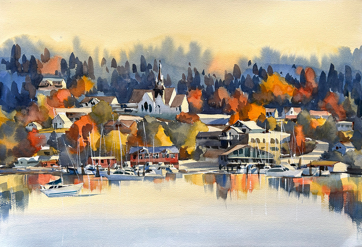 Ina Xi - Poulsbo in Fall, Original Watercolor, 23"x17" framed