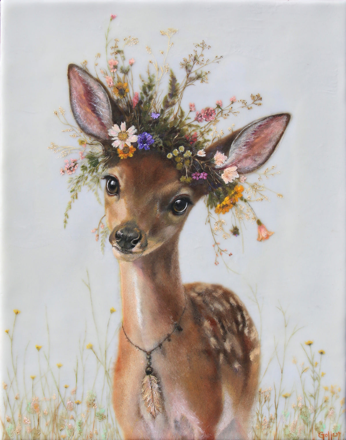 CARRIE GOLLER - Fallon (Floriferous Deer), Mixed Media - Oil/Encaustic 14"x11" ***At Jones & Terwilliger Galleries, Carmel, CA please inquire at (831) 626-9100***