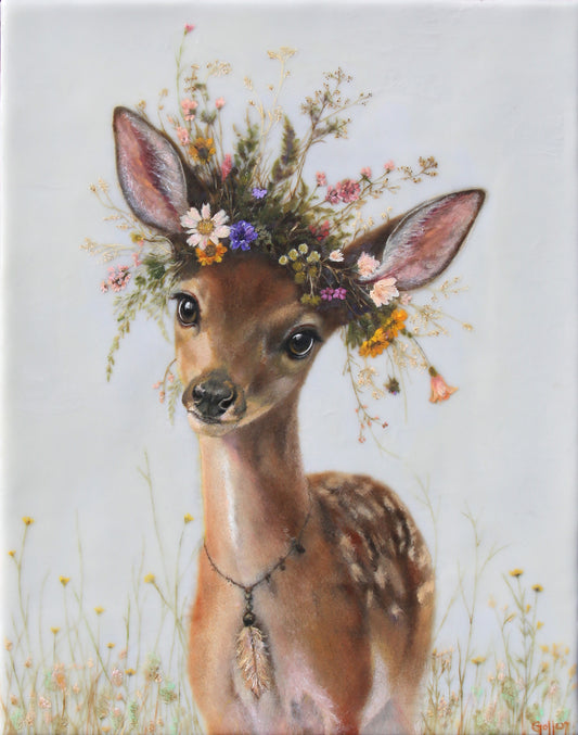 CARRIE GOLLER - Fallon (Floriferous Deer), Mixed Media - Oil/Encaustic 14"x11" ***At Jones & Terwilliger Galleries, Carmel, CA please inquire at (831) 626-9100***
