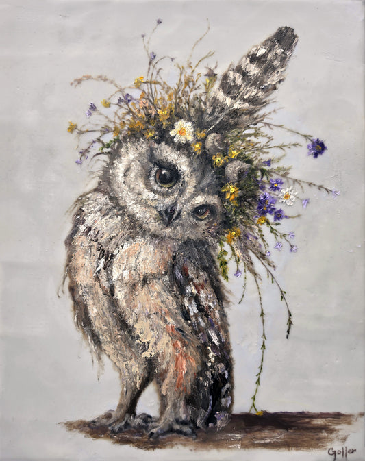 CARRIE GOLLER - Father's Feather (Floriferous Owl), Mixed Media - Oil/Encaustic 14"x11"
