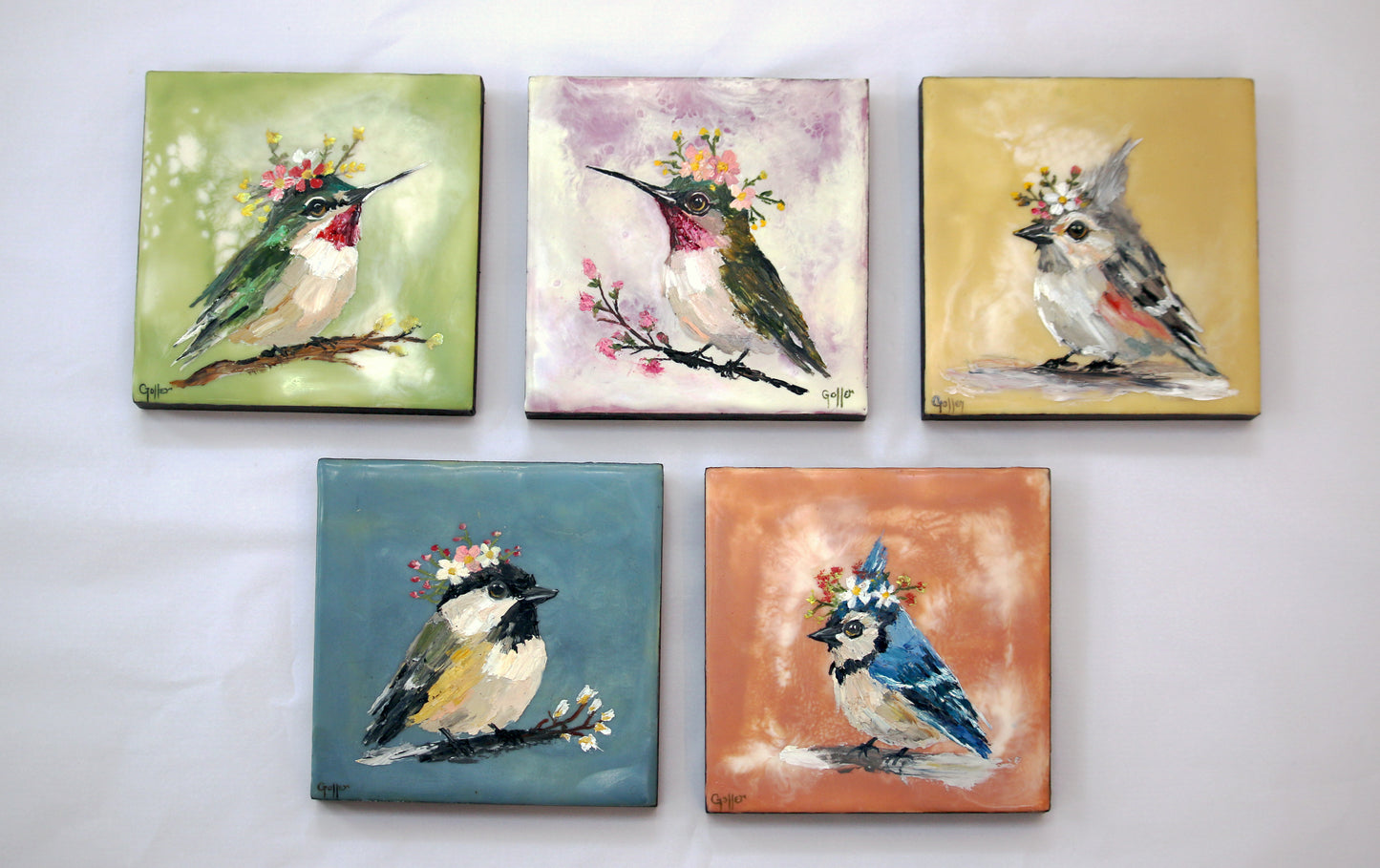 CARRIE GOLLER - Floriferous Bird Study 3 (Floriferous Collection), Mixed Media Oil/Encaustic, 5 x 5 ***At Abend Gallery, Denver, CO please inquire at (303) 355-0950***