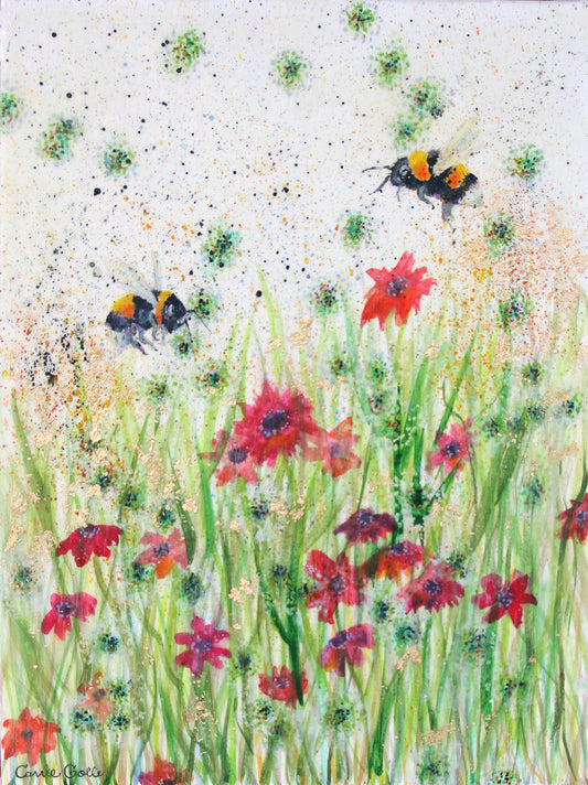 Prints available, original ***SOLD*** Carrie Goller -  For the Bees, watercolor, encaustic, gold leaf 12x9