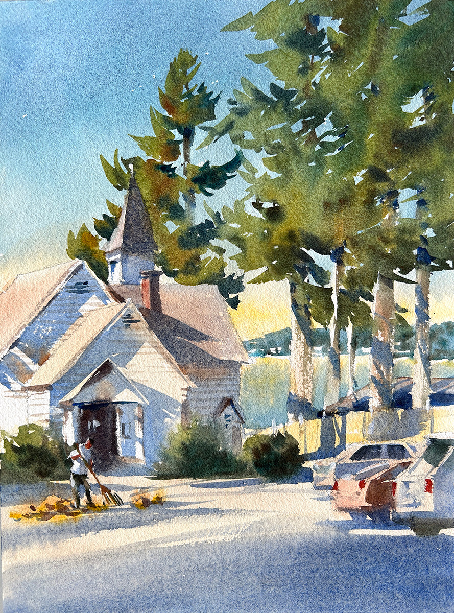 Ina Xi - Fox Island Chapel, Original Watercolor, 12x15 framed
