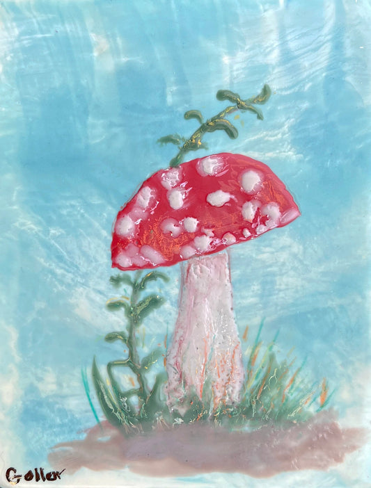 ***SOLD***CARRIE GOLLER - NATURAL SERIES,  Friendly Mushroom V, Encaustic 5.25x4.5 - available at Bainbridge Island Museum of Art gallery Store