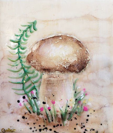 ***SOLD*** CARRIE GOLLER - Natural Series, Friendly Mushroom XI, encaustic 5.5x4.5