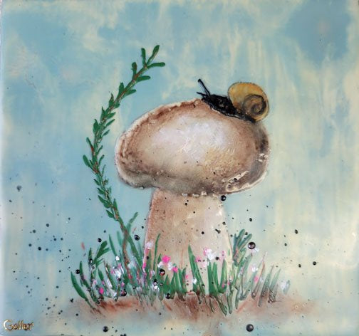 Prints available, original ***SOLD*** CARRIE GOLLER - Natural Series, Friendly Mushroom X, encaustic 6.5x7